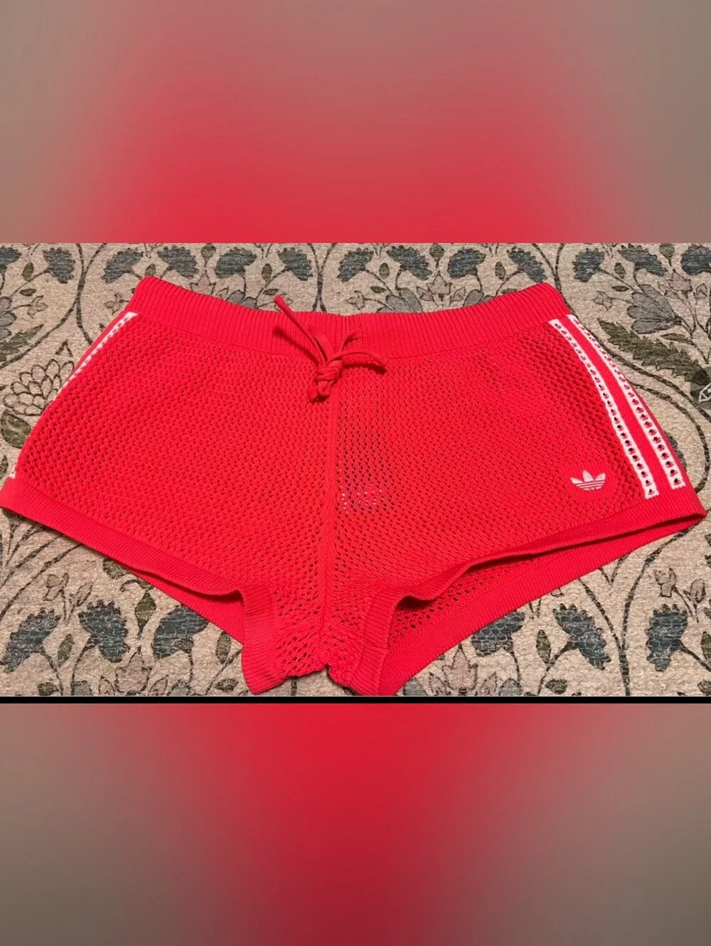 Red Crochet Adidas shorts with white stripes on the sides M New with Tags
